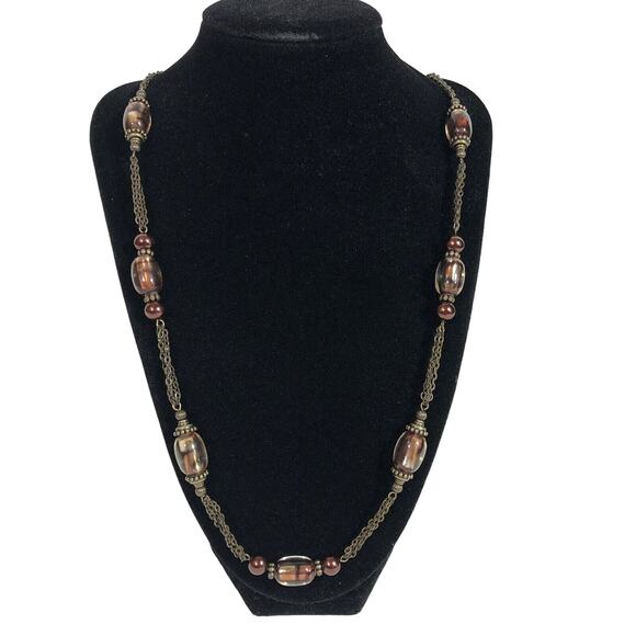 Glass Bead Station Necklace Multi Chain Brass and Bronze Colors 25" Retro Boho - Picture 3 of 8